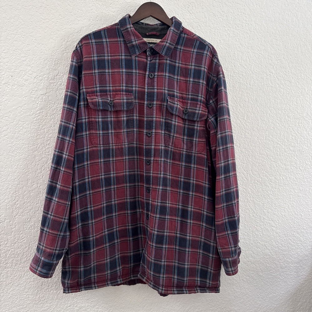 LL Bean Traditional Fit Mens Fleece Lined Flannel Shirt Jacket Plaid Red Blue XL